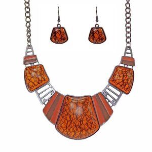 Large orange and black statment necklace and earring set w/ domed cabochon beads